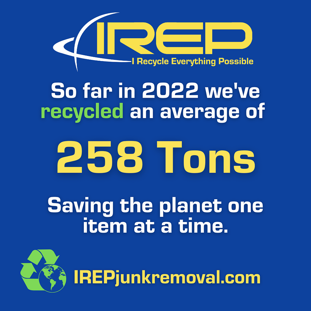 For 2022 IREP Junk removal recycled an average of 258 tons and are recycling more every day